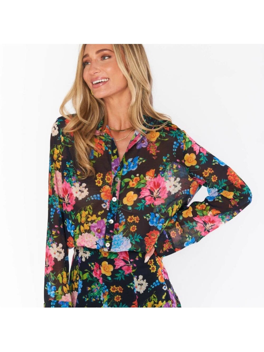 Show Me Your MuMu Black Sheer Floral Button-Front Blouse